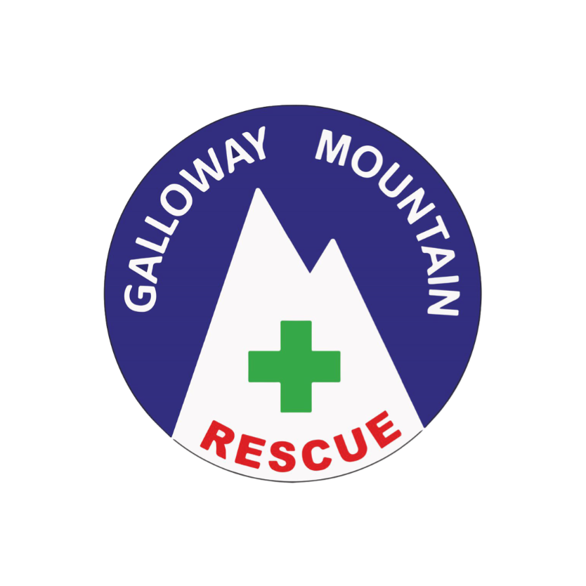 A circular Galloway Mountain Rescue logo with a dark blue outer ring, white mountain shape, green cross, and red 'RESCUE' text on a white background.